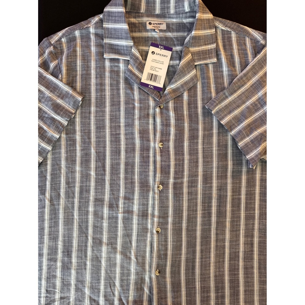 Sperry Mens Camp Collar Textured Shirt Navy White Stripe XXL SP712SAM